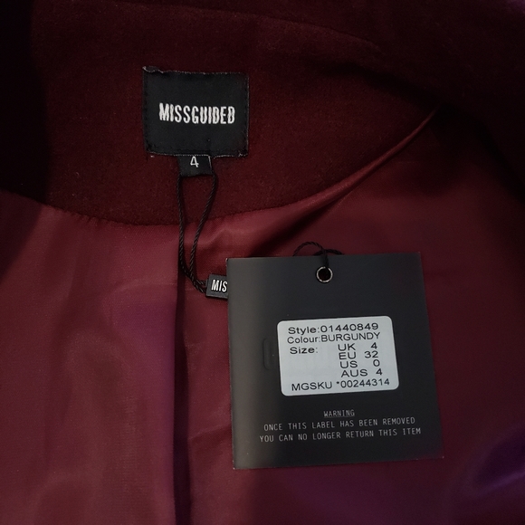 NEW- Missguided Faux-Wool Biker Burgundy Coat - Picture 5 of 6